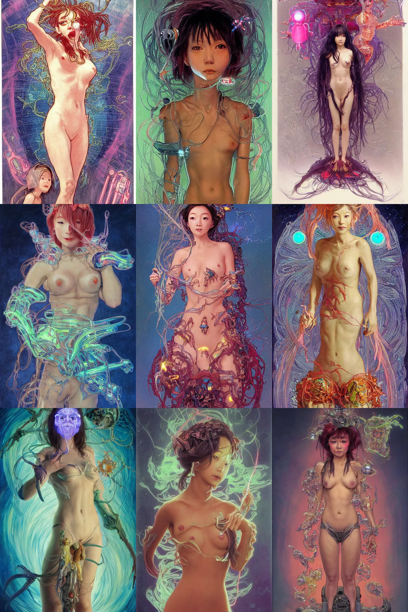 Prompt: awe-inspiring award-winning concept art full body face portrait aspic sculpture of short stature, lithe, petite, innocent, cute, attractive anglerfish cyberpunk Ashley Liao in neon shrouds as the goddess of lasers, sparks, by Julie Bell, Jean Delville, Virgil Finlay, Alphonse Mucha, Ayami Kojima, Amano, Charlie Bowater, Karol Bak, Greg Hildebrandt, Jean Delville, Frank Frazetta, Peter Kemp, and Pierre Puvis de Chavannesa, extremely moody lighting, glowing light and shadow, atmospheric, shadowy, cinematic, 8K,