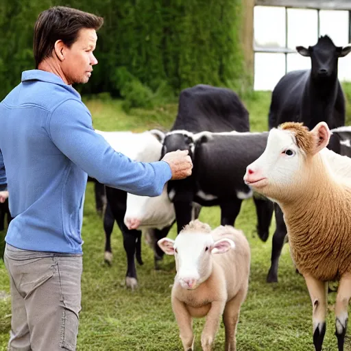 Prompt: mark wahlberg talking to farm animals