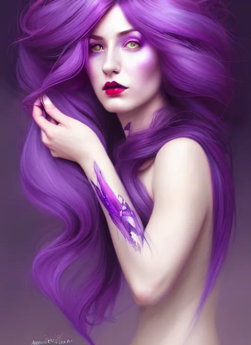 Prompt: Purple hair relistic Portrait of a two woman with bright colored flying hair, all shades of purple. Beauty face, red lips, Hair coloring, fantasy, intricate, elegant, highly detailed, digital painting, artstation, concept art, smooth, sharp focus, illustration, art by artgerm and greg rutkowski and alphonse mucha