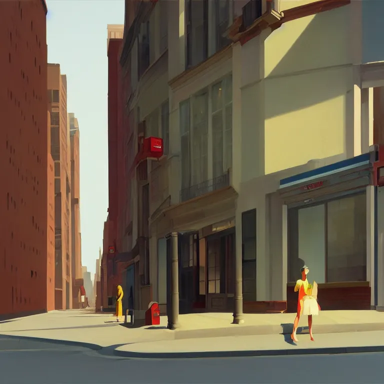 Image similar to morning watefall in an empty city, , painted by Edward Hopper, painted by James Gilleard, airbrush