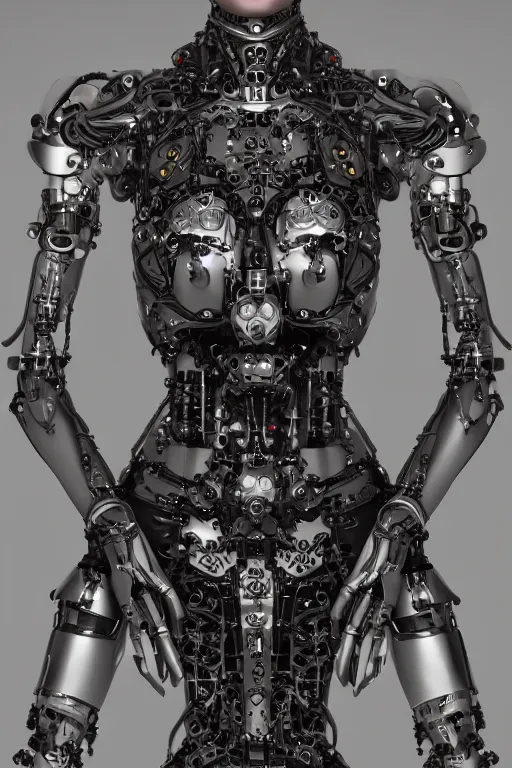 Prompt: a beautiful and young fully cybernetic female with a body mostly made of mechanical parts adorned digital detail and some ornate geometric carvings female human face, intricate, elegant, very detailed, hyper real, octane render, 8k, trending on Artstation