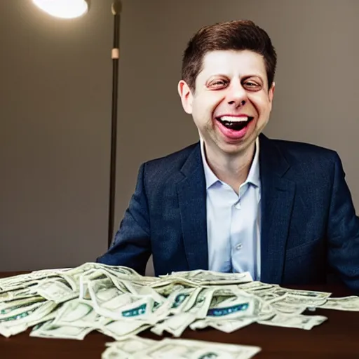 Image similar to Sam Altman laughing at a huge pile of money on a table, dslr photo