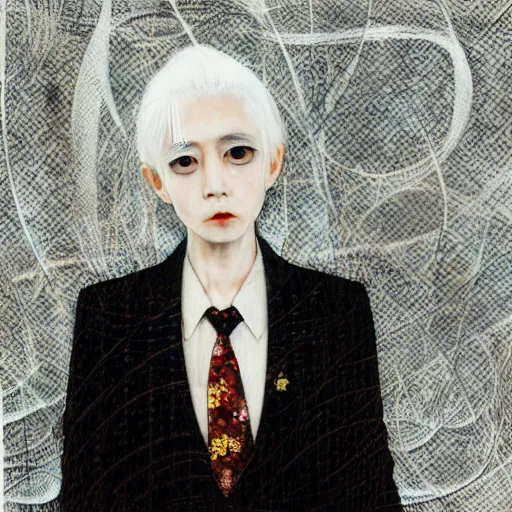 Image similar to yoshitaka amano blurred and dreamy realistic three quarter angle portrait of a woman with white hair and black eyes wearing dress suit with tie, junji ito abstract patterns in the background, satoshi kon anime, noisy film grain effect, highly detailed, renaissance oil painting, weird portrait angle, blurred lost edges