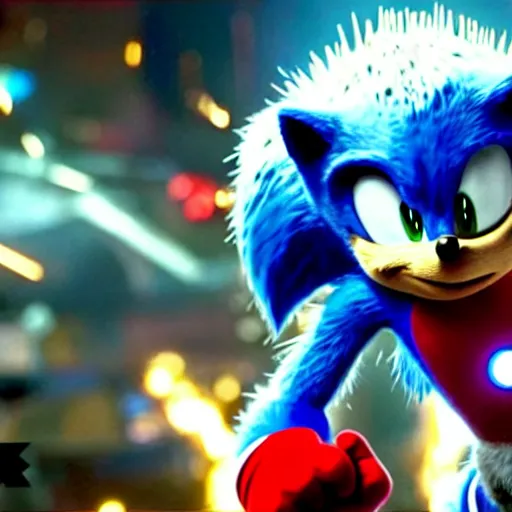 Prompt: The famous scene in the Avengers when Sonic the Hedgehog finally arrived to the fight and beat Thanos, movie sonic, extremely detailed with lots of background explosions and effects, grinning, wearing red gloves, 4k, 8k, HDR