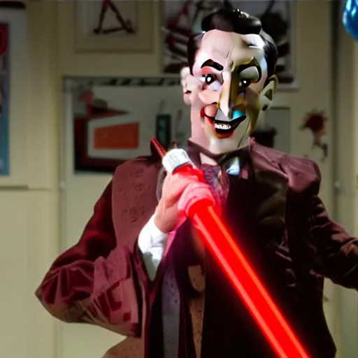 Image similar to Pee-Wee Herman wielding a red lightsaber 4K hdr