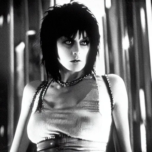 Image similar to a film portrait still of joan jett in blade runner, gritty cyberpunk atmosphere. realism, cinematic lighting, beautiful gothic fantasy photorealistic, 4 k. 8 mm. grainy. panavision.