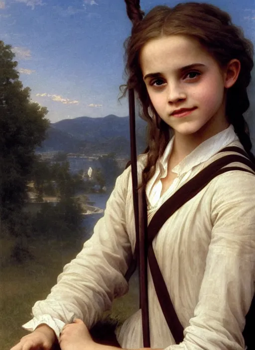 Image similar to painting. [ young ] emma watson as hermione granger 2 0 0 4. prisoner of azkaban. cheerful. happy. smiling. art by william adolphe bouguereau. during golden hour. extremely detailed. beautiful. 4 k. award winning.