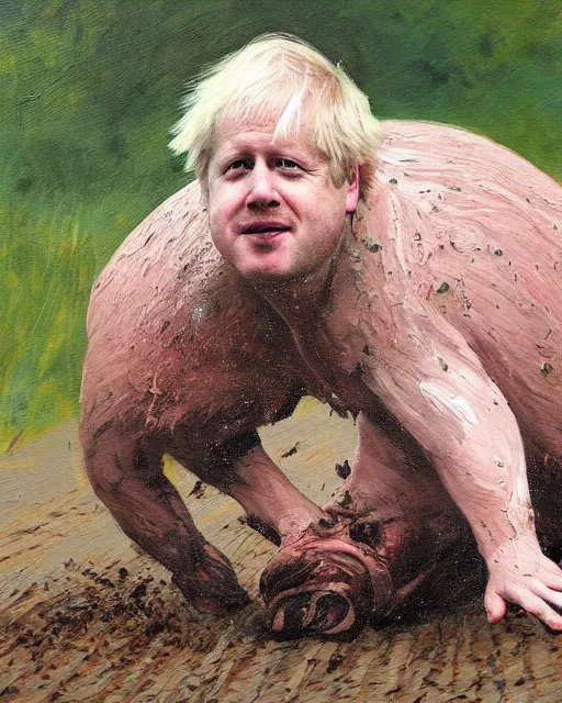 Prompt: a painting of uk politician former prime minister boris johnson rolling around in a pig pen covered in mud, 4 k detail