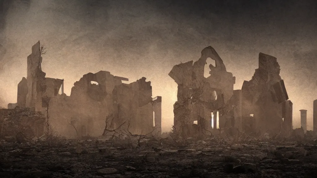 Image similar to an apocalyptic ruins in a desert, midnight, foggy, eerie, scary, digital art