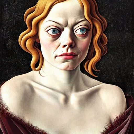 Image similar to emma stone as gollum, elegant portrait by sandro botticelli, detailed, symmetrical, intricate