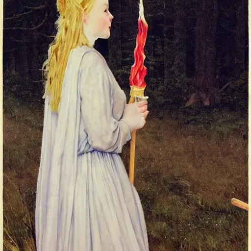 Image similar to Painting of Elle Fanning at the bonfire of firelink shrine, long blonde hair, delicate, pale milky white porcelain skin, by Norman Rockwell and Edward Hopper. Extremely detailed.