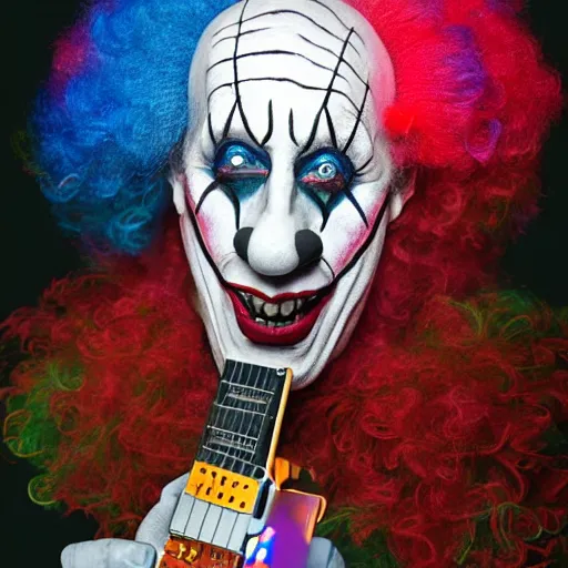 Image similar to UHD hyperrealistic Dee Snider dressed as a clown playing electric guitar, with intricate clown makeup, by Antonio Caparo and Ferdinand Knab and Greg Rutkowski UHD photorealistic trending on artstation