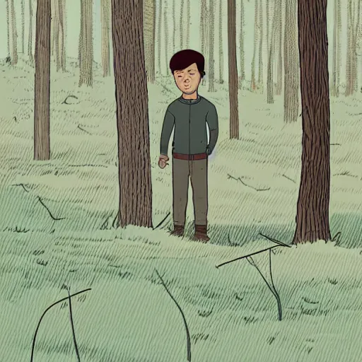 Image similar to highly detailed, boy in the woods by adrian tomine