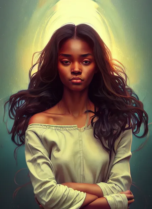 Image similar to handsome young black women with shoulder length brown hair, half body shot, path traced, highly detailed, high quality, digital painting, alena aenami, lilia alvarado, shinji aramaki, karol bak, alphonse mucha, tom bagshaw