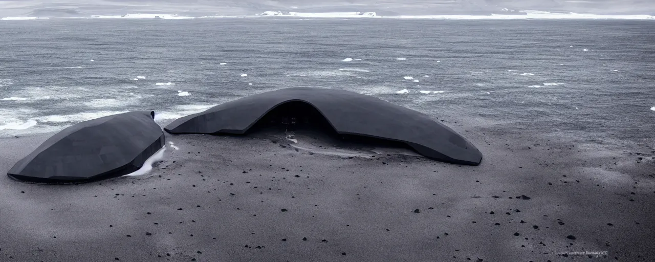 Image similar to cinematic shot of giant symmetrical futuristic military spacecraft in the middle of an endless black sand beach in iceland with icebergs in the distance,, 2 8 mm