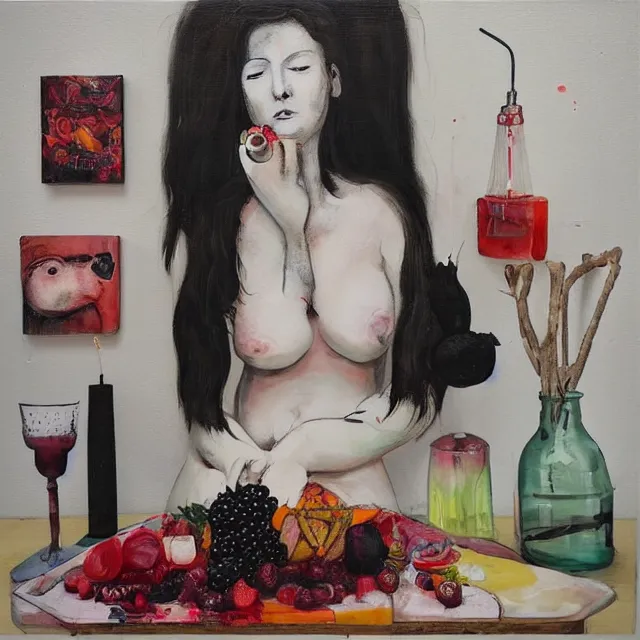 Prompt: “ a portrait in a female art student ’ s apartment, sensual, a pig theme, pork, pottery supplies, sculpture work in progress, a candle dripping white wax, pottery glaze, squashed berries, berry juice drips, acrylic and spray paint and oilstick on canvas, surrealism, neoexpressionism ”