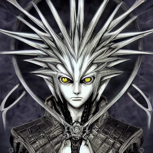 Image similar to a fusion between sephirot and roxas, cyber style, by hr giger, in the style of kingdom hearts, 4 k, hyper detailed, hyperrealism no artifacts