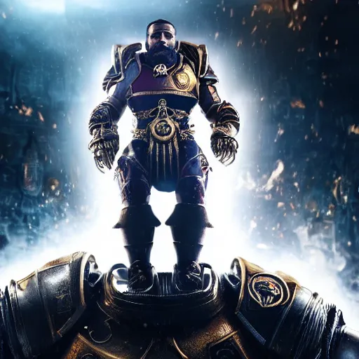 Image similar to Portrait of Alexandre Lacazette as the emperor of humanity from warhammer 40k in Gears of War, splash art, movie still, cinematic lighting, dramatic, octane render, long lens, shallow depth of field, bokeh, anamorphic lens flare, 8k, hyper detailed, 35mm film grain