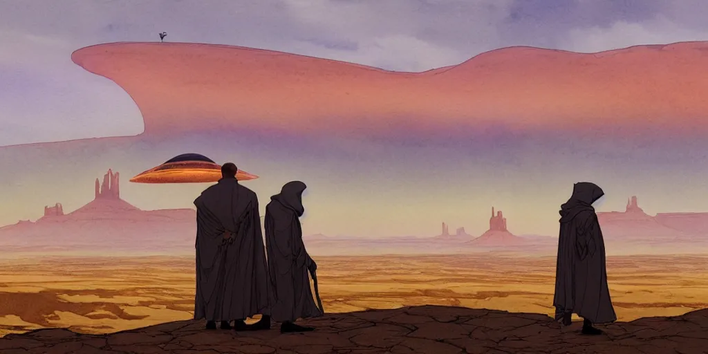 Image similar to a hyperrealist watercolor concept art of a giant ufo from independce day on the horizon of monument valley. a medieval monk in grey robes is in the foreground. golden hour. very muted colors, by rebecca guay, michael kaluta, charles vess. high detail, hq, wide shot, 4 k