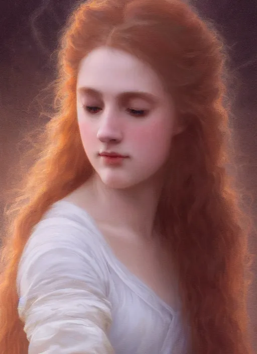 Image similar to oil painting close up portrait of a contemplative young irish woman with long redhead flowing hair in a dress made of white roses!! at sunset, hazy, digital art, chiaroscuro, artstation, cinematic, golden hour, digital art painting by greg rutkowski, william - adolphe bouguereau, foggy atmosphere, cinematic lighting