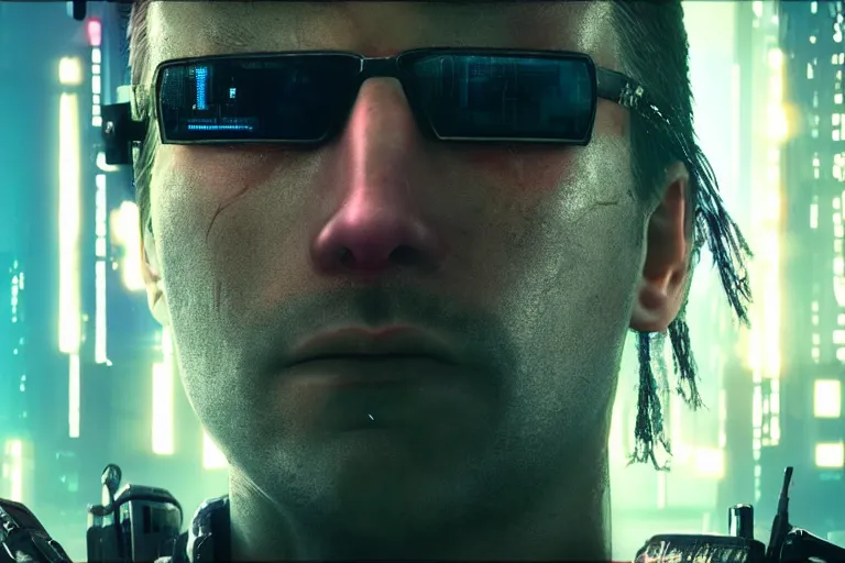 Image similar to video game movie of a cyberpunk hacker closeup portrait in high tech compound by Emmanuel Lubezki