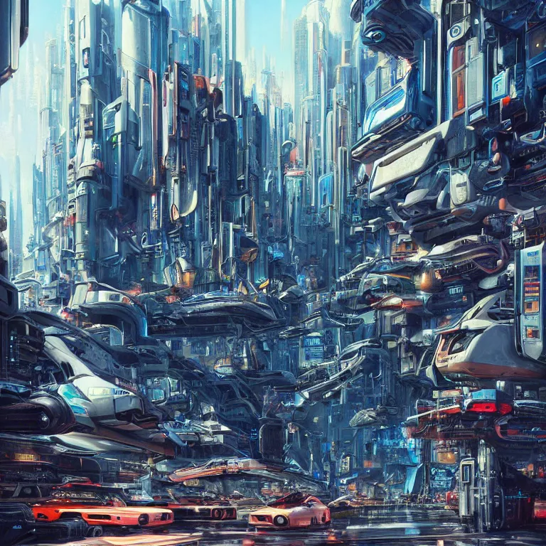 Prompt: hyperrealistic painting of a slice of life from a futuristic city, mechanical designs, futuristic vehicles, technological, cinematic, cyberpunk style, vivid color, highly detailed, realism, matte painting, 8 k resolution, concept art, by noriyoshi ohrai, george luks, james gurney