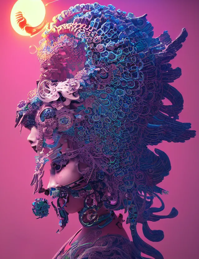 Image similar to 3 d goddess close - up profile solarpunk portrait ram skull. beautiful intricately detailed japanese crow kitsune mask and clasical japanese kimono. betta fish, jellyfish phoenix, bio luminescent, plasma, ice, water, wind, creature, artwork by tooth wu and wlop and beeple and greg rutkowski