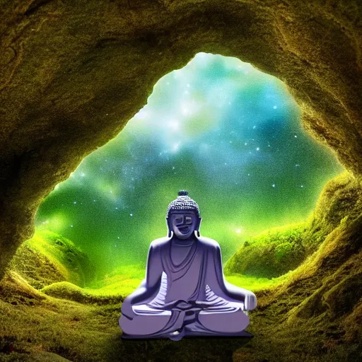 Prompt: a dreamy buddha meditating in a cave and overlooking a vast plain, mossy rocks, a sky full of stars background, 4 k, hyper realistic, in he style of national geographic, coherent design, symmetrical, vivid colour, complementary colour, golden ratio, detailed, sharp lines, intricate, rainbow shift, in unreal 3 d engine, ray tracing, octane render