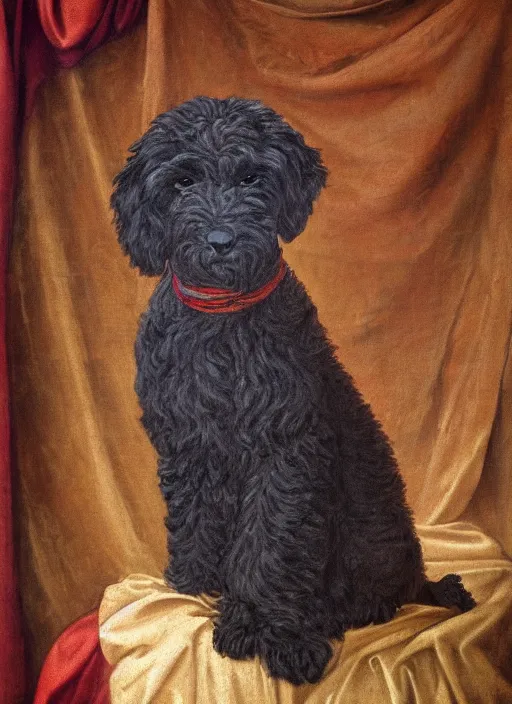 Image similar to Renaissance painting of a black goldendoodle