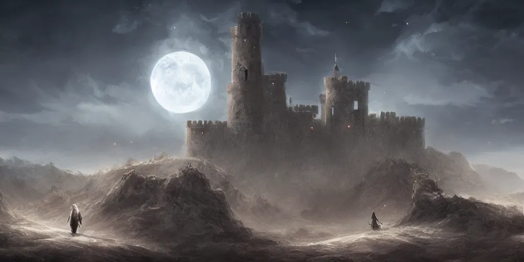 Image similar to old mage traveling a barren landscape with his companion towards a distant castle, dramatic moonlight, apocalyptic fantasy, mmo, digital art, 4 k