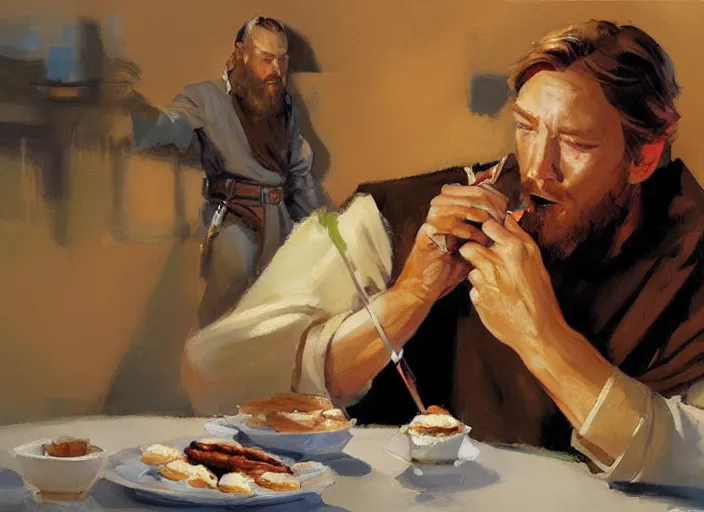 Prompt: a highly detailed beautiful portrait of obi - wan kenobi eating only one cannoli, by gregory manchess, james gurney, james jean