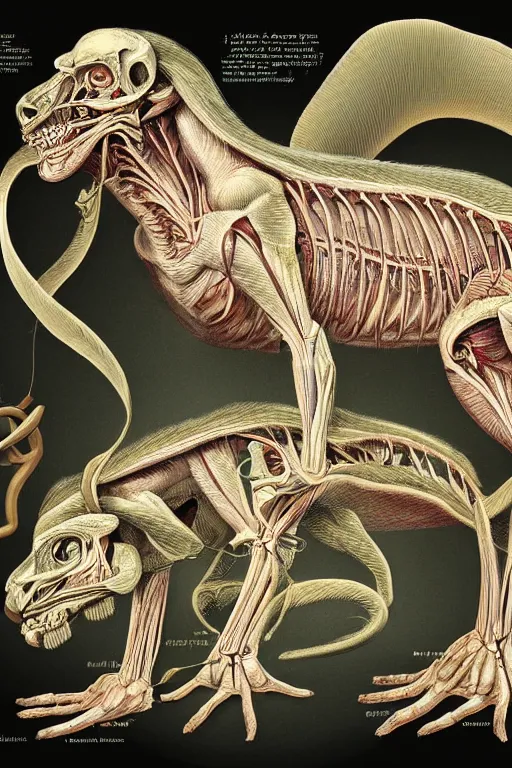 Image similar to anatomical encyclopedia illustration of a chimera, photorealistic, diagram, intricate details