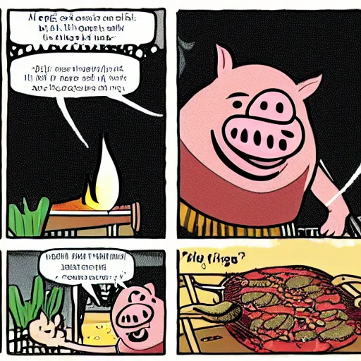 Prompt: a comic of a pig screaming in horror as another pig gets barbequed, funny, by Disney