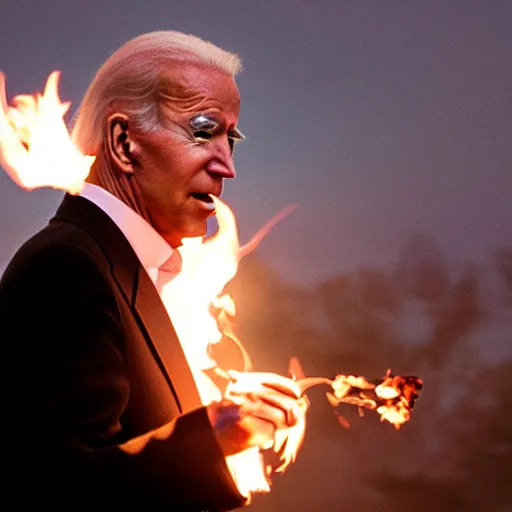 Image similar to joe biden playing with fire, film still, cinematic lighting