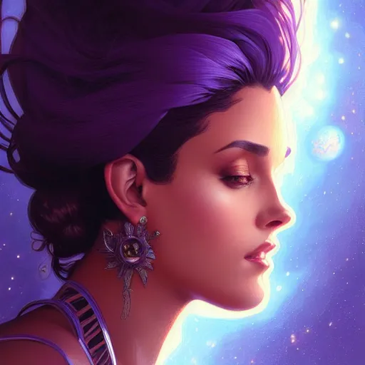 Image similar to Portrait of very very very very very very beautiful Latina woman, spacesuit, purple eyes, intricate, elegant, highly detailed, digital painting, artstation, concept art, smooth, sharp focus, illustration, art by artgerm and greg rutkowski and alphonse mucha