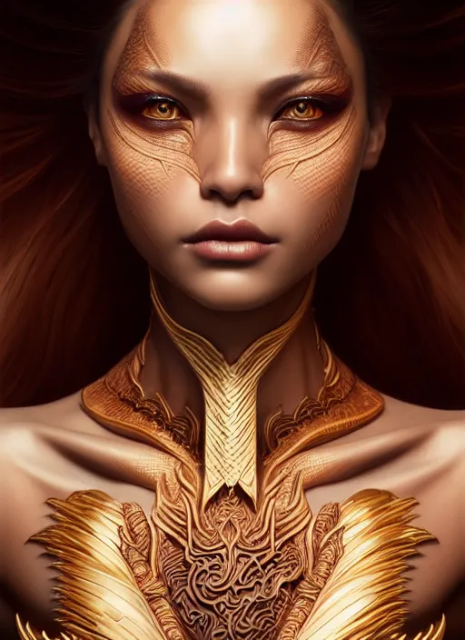 Prompt: portrait of dragon maiden model, intricate, sharp focus, octane render, brown skin, realistic render, detailed, beautiful, unreal engine, symmetrical!!, maybelline, sephora, loreal, artstation, art by artgerm, rossdraws, art by karol bak, makeup by pat mcgrath, cinematic, concept art, filmic, vsco