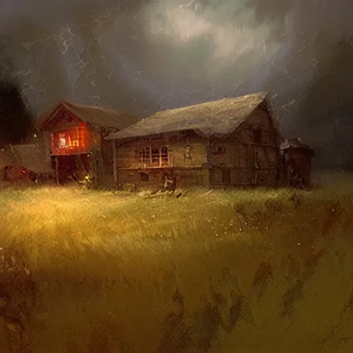 Image similar to a evil thunderstorm overtop a small farm, eerie, craig mullins