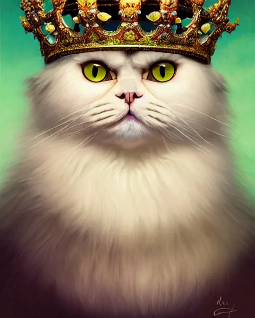 Image similar to highly detailed surreal vfx portrait of a persian cat with green eyes, wearing a queens crown, stephen bliss, unreal engine, greg rutkowski, loish, rhads, beeple, makoto shinkai and lois van baarle, ilya kuvshinov, rossdraws, tom bagshaw, alphonse mucha, global illumination, detailed and intricate environment