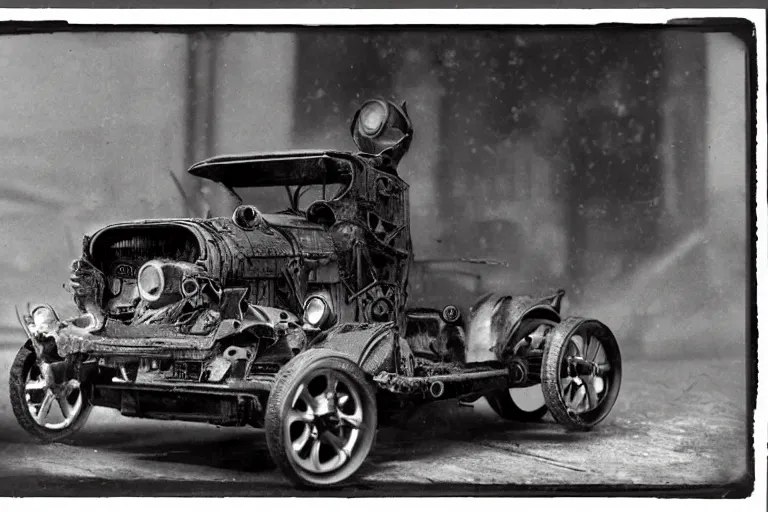 Image similar to cyberpunk 1 9 0 8 model ford t by paul lehr, jesper ejsing, metropolis, parked by view over city, vintage film photo, robotic, damaged photo, scratched photo, silent movie, black and white photo