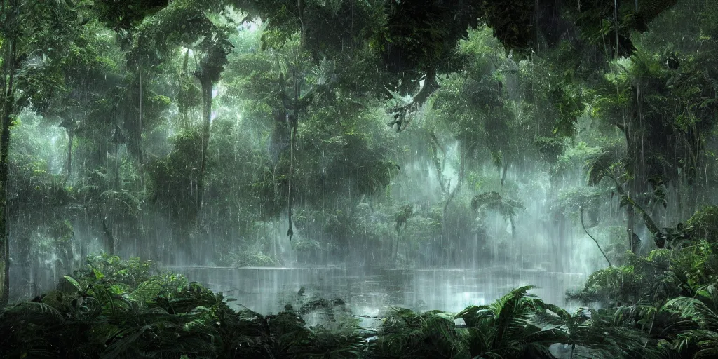 Prompt: a hyper realistic professional photographic picture of the Amazon rainforest during a thunderstorm, photographic filter unreal engine 5 realistic hyperdetailed 8k ultradetail cinematic concept art volumetric lighting, fantasy artwork, very beautiful scenery, very realistic painting effect, hd, hdr, cinematic 4k wallpaper, 8k, ultra detailed, high resolution, artstation trending on artstation in the style of Albert Dros glowing rich colors powerful imagery nasa footage drone footage drone photography