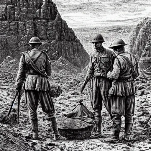 Image similar to ultra detailed photorealistic sepia - toned line drawing from 1 9 1 7, three british soldiers standing at an archaeological dig site in wadi rum, ultra realistic, painted, intricate details, lovecraft, atmospheric, dark, horror, brooding, highly detailed, by clyde caldwell