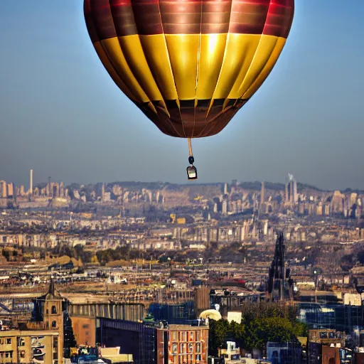 Image similar to Steampunk balloon in the air, flying above the city.