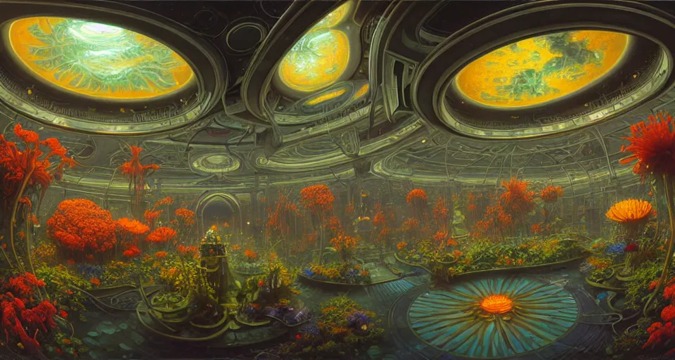 Image similar to fish eye lens a bright minimalist bioluminescent oil painting by donato giancola, warm coloured, cinematic scifi luxurious futuristic foggy steam filled victorian garden mall interior with microscopy radial windows flowers growing out of pretty bulbous ceramic fountains, gigantic pillars and flowers, maschinen krieger, beeple, star trek, star wars, ilm, atmospheric perspective