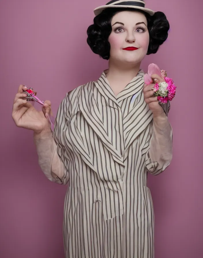 Image similar to a person with the proportions of a Funko Pop, posing for a portrait, wearing 1920s attire, muted colors, studio lighting, pink striped wallpaper backdrop, 8k