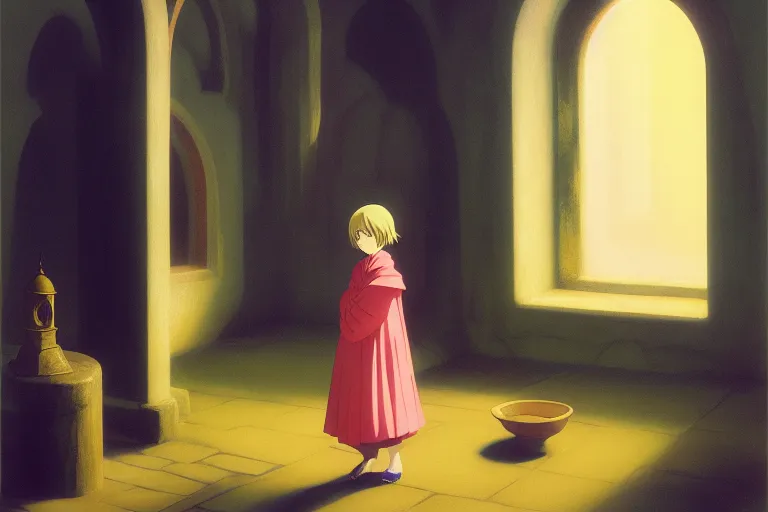 Image similar to anime key visual of young girl in small monastery in the year 1 2 5 0, praying to statue of god, style of jamie wyeth james gilleard edward hopper greg rutkowski acrylic painting, oil on canvas, preserved museum piece, historical