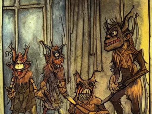 Prompt: a painting of goblins in an art gallery by arthur rackham and Tony DiTerlizzi, trending on artstation, detailed