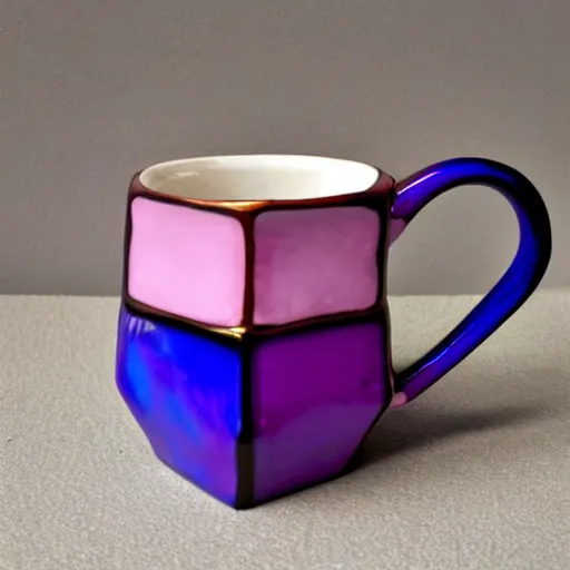 Prompt: dodecahedron ceramic mug with pink and purple pearlescent glaze