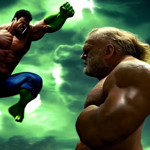 Prompt: hulk fighting juggernaut cain marko in an epic action scene, jumping, fists, explosive, marvel cinematic universe, photo realistic, super high resolution, shocking lights