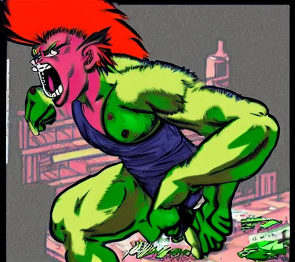 Prompt: blanka from street fighter in an eighties new wave band,