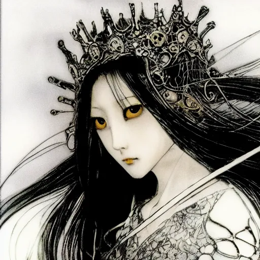 Image similar to yoshitaka amano blurred and dreamy illustration of a girl with black eyes, wavy white hair fluttering in the wind wearing elden ring armor and crown with engraving, highly detailed face, abstract black and white patterns on the background, noisy film grain effect, highly detailed, renaissance oil painting, weird portrait angle, blurred lost edges, three quarter view